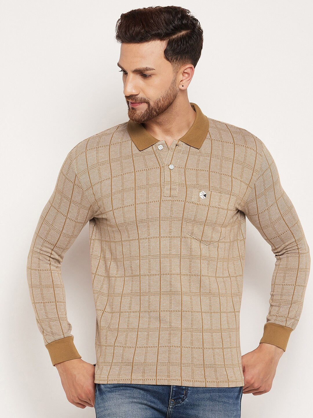

Duke Men Beige Checked Cotton Polo Collar T-shirt