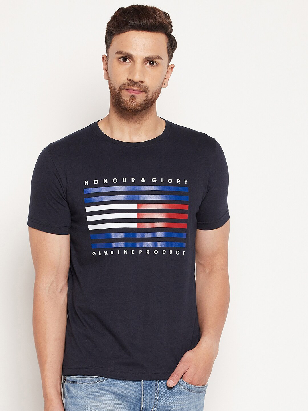 

Duke Men Blue Typography Printed Cotton Slim Fit T-shirt