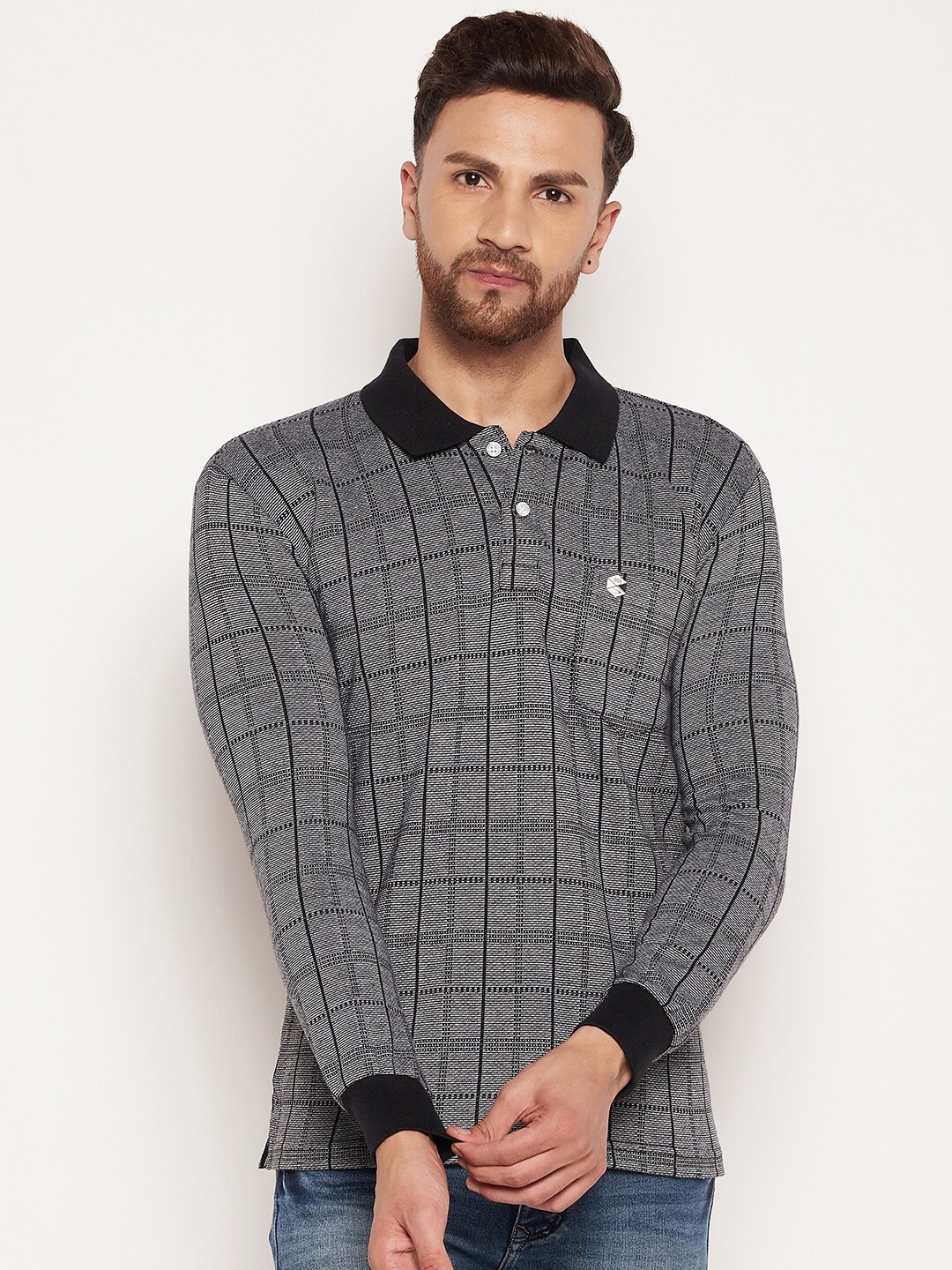 

Duke Men Black Checked Polo Collar T-shirt