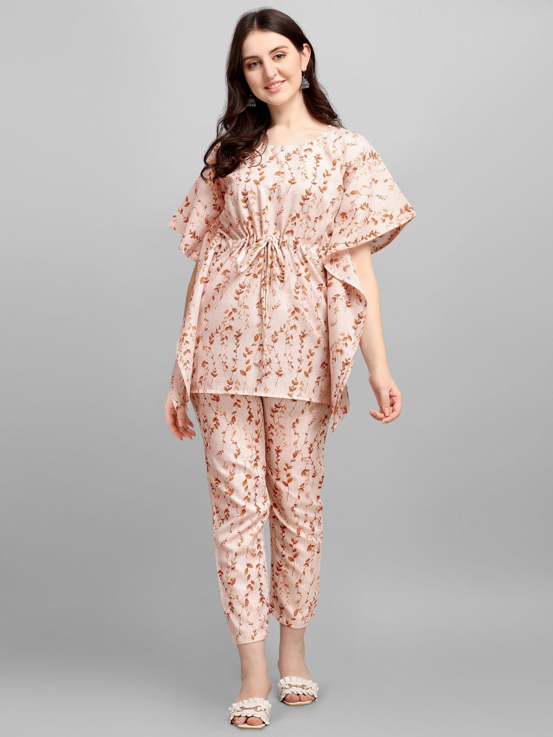 

GUFRINA Women Orange Printed Viscose Rayon Kaftan with Trousers Set