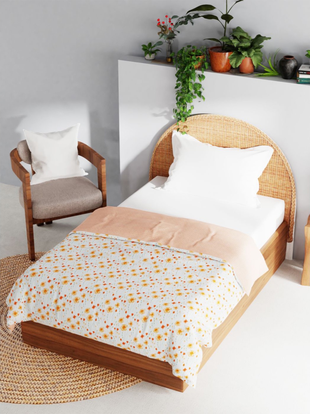 

BIANCA White & Orange Floral AC Room 150 GSM Reversible Single Bed Dohar