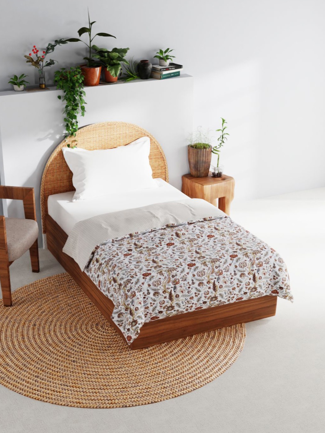 

BIANCA White & Brown Floral AC Room 150 GSM Reversible Single Bed Dohar