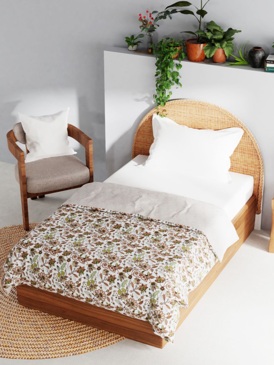 

BIANCA White & Green Floral AC Room 150 GSM Reversible Single Bed Dohar