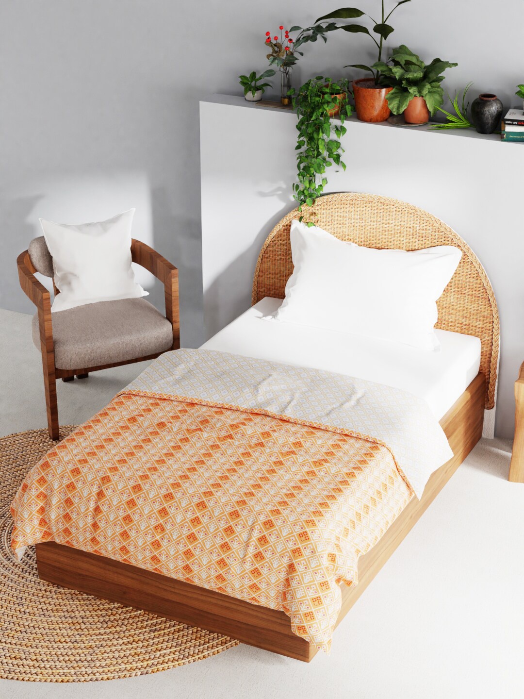 

BIANCA Orange & White Ethnic Motifs AC Room 150 GSM Reversible Single Bed Dohar