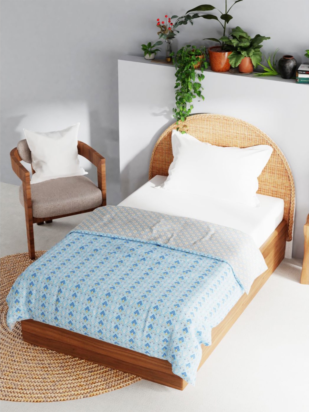 

BIANCA Blue & White Geometric AC Room 150 GSM Reversible Muslin Cotton Single Bed Dohar
