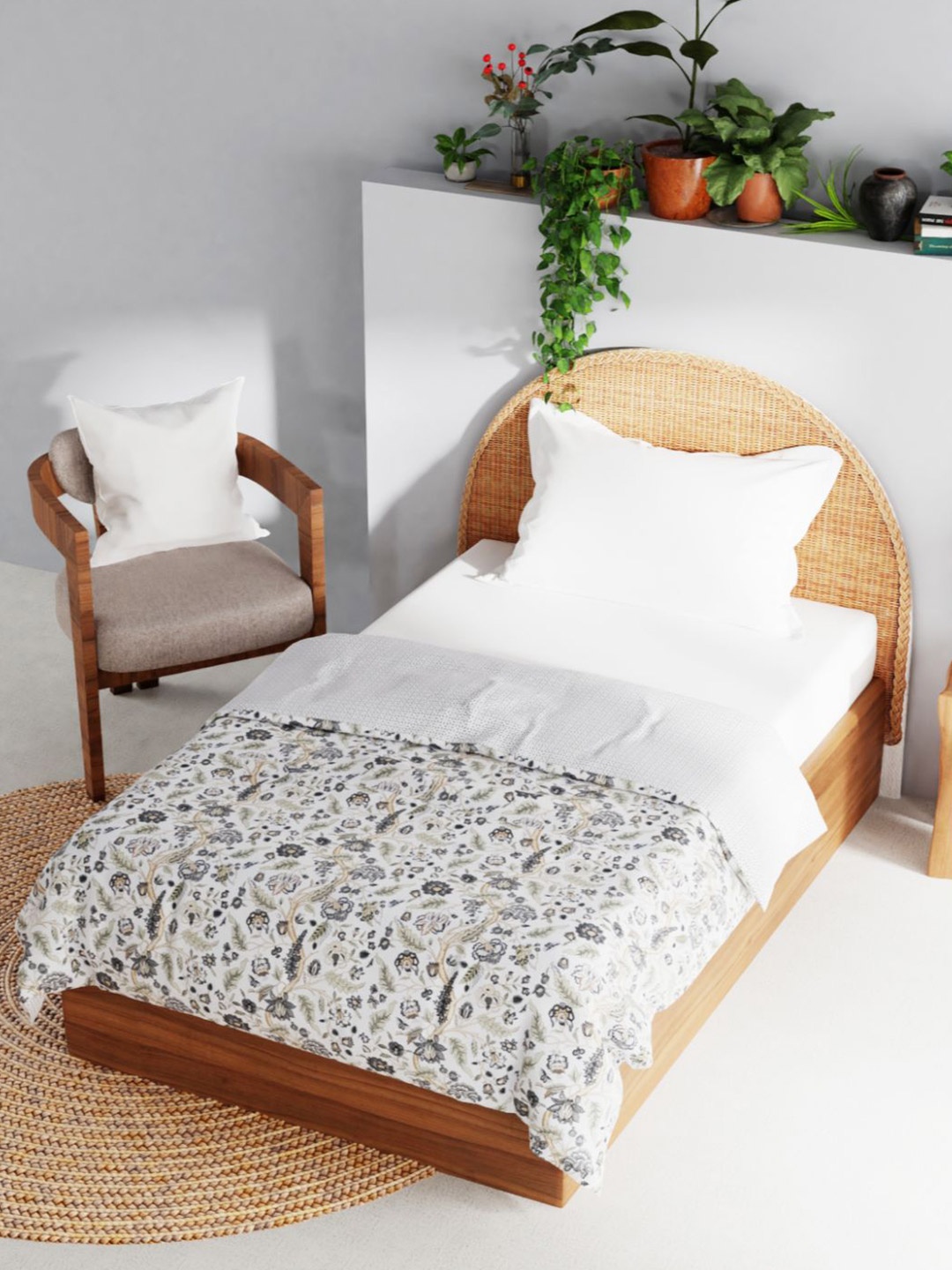

BIANCA White & Green Floral AC Room 150 GSM Cotton Single Bed Dohar