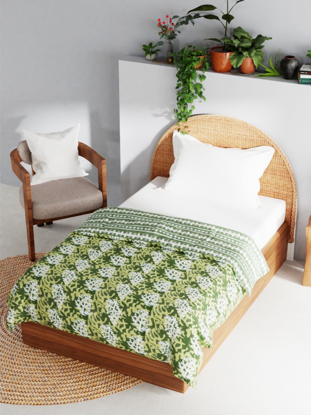 

BIANCA Green & White Abstract Printed AC Room 150 GSM Single Bed Dohar