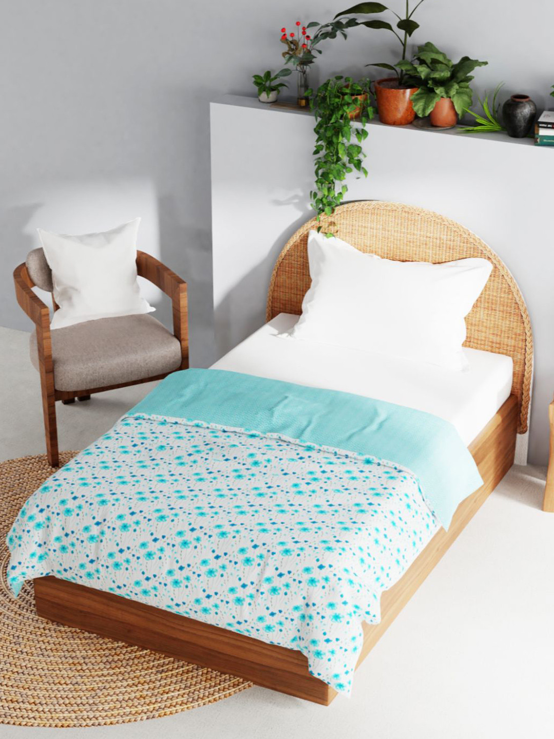 

BIANCA Blue & Off White Floral AC Room 150 GSM Cotton Single Bed Dohar