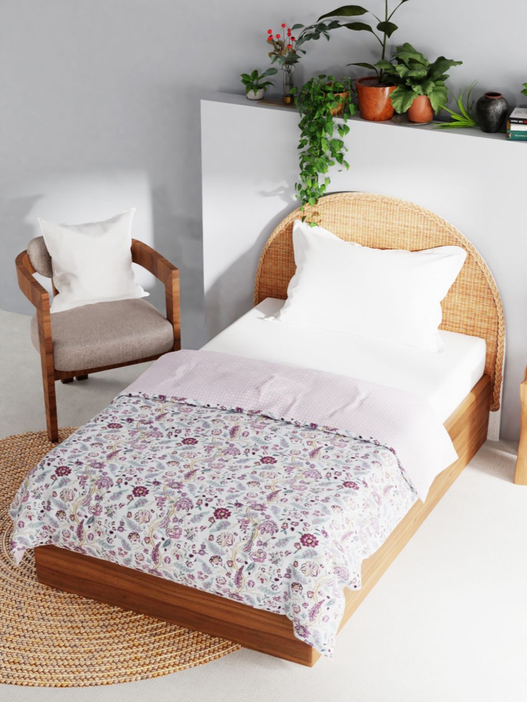 

BIANCA White & Purple Floral AC Room 150 GSM Cotton Single Bed Dohar
