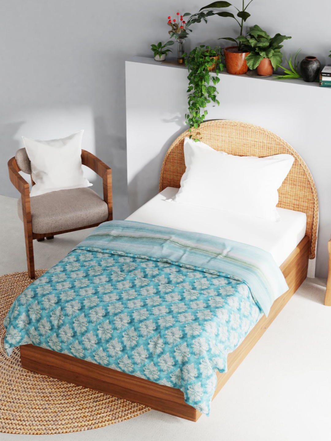 

BIANCA Turquoise Blue & White Floral AC Room 150 GSM Cotton Single Bed Dohar
