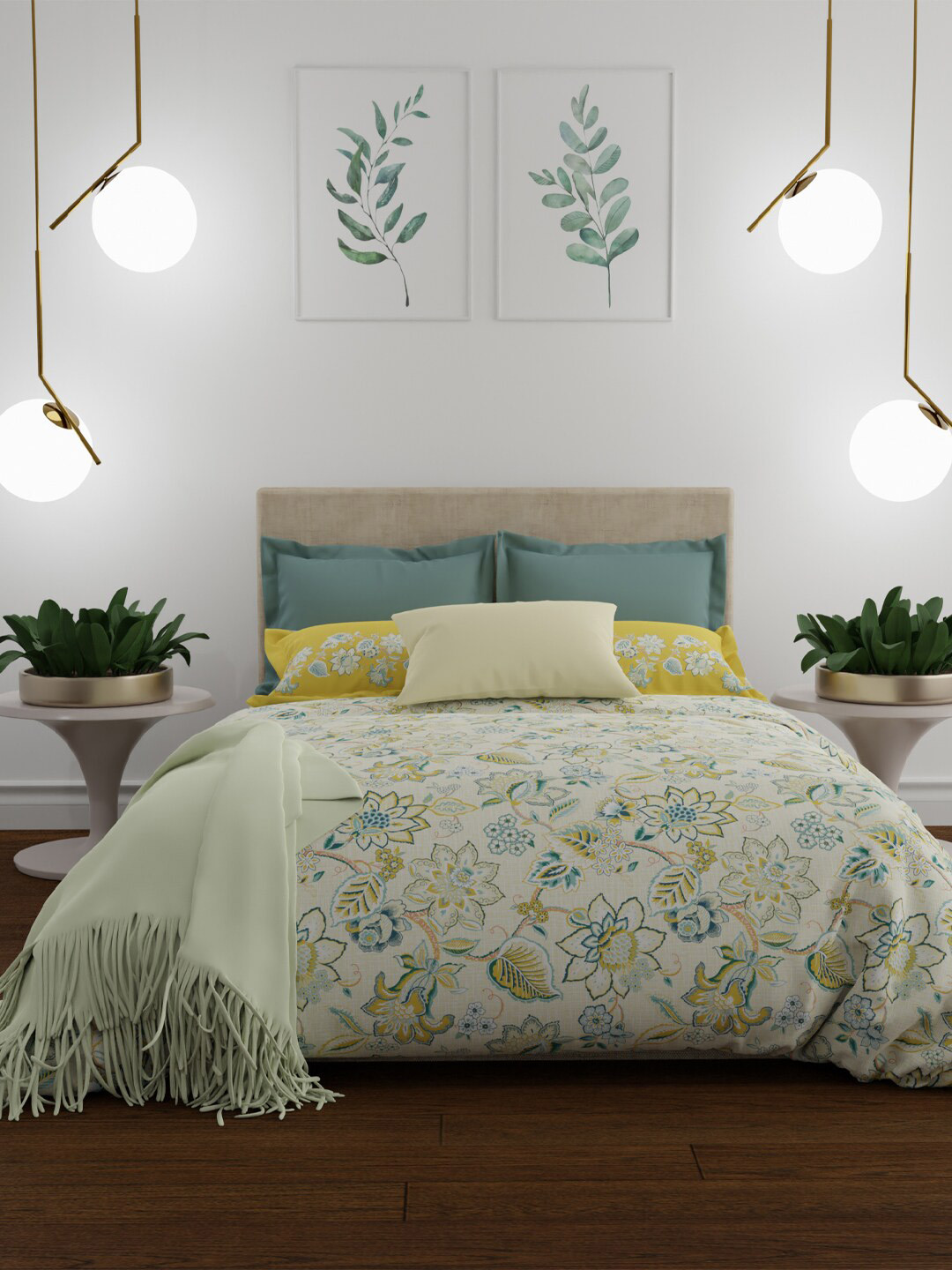 

MYTRIDENT 144 TC Beige Yellow Floral Double Queen Bedsheet with 2 Pillow Covers