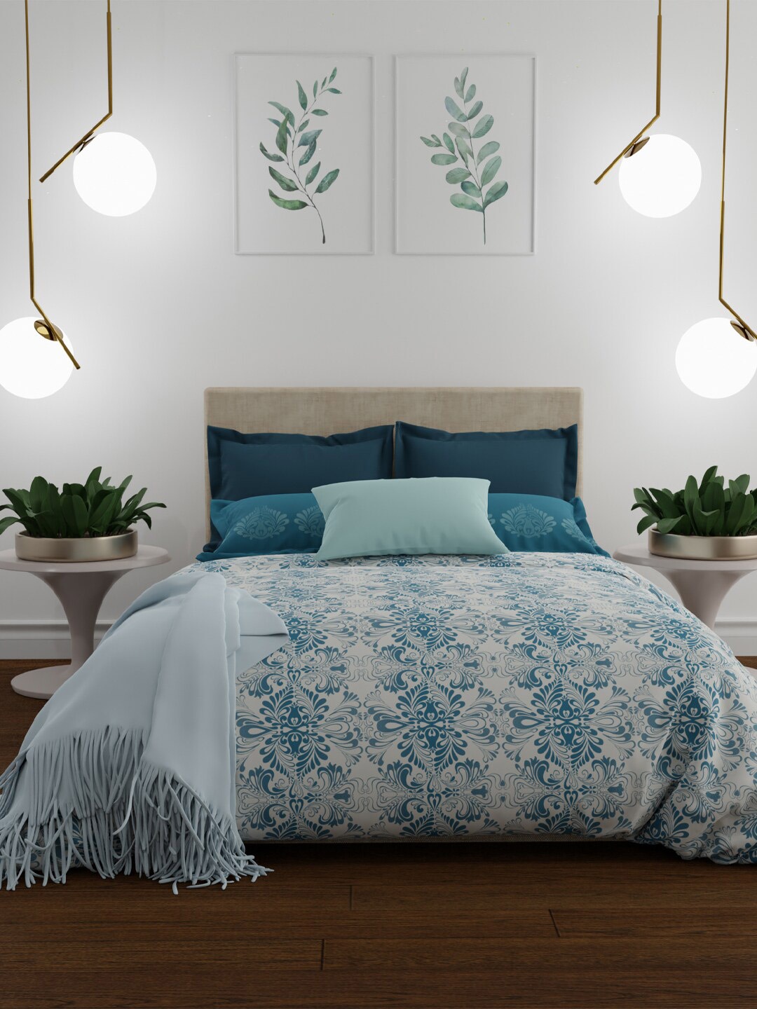 

MYTRIDENT Blue White Floral 144 TC Double Queen Bedsheet with 2 Pillow Covers