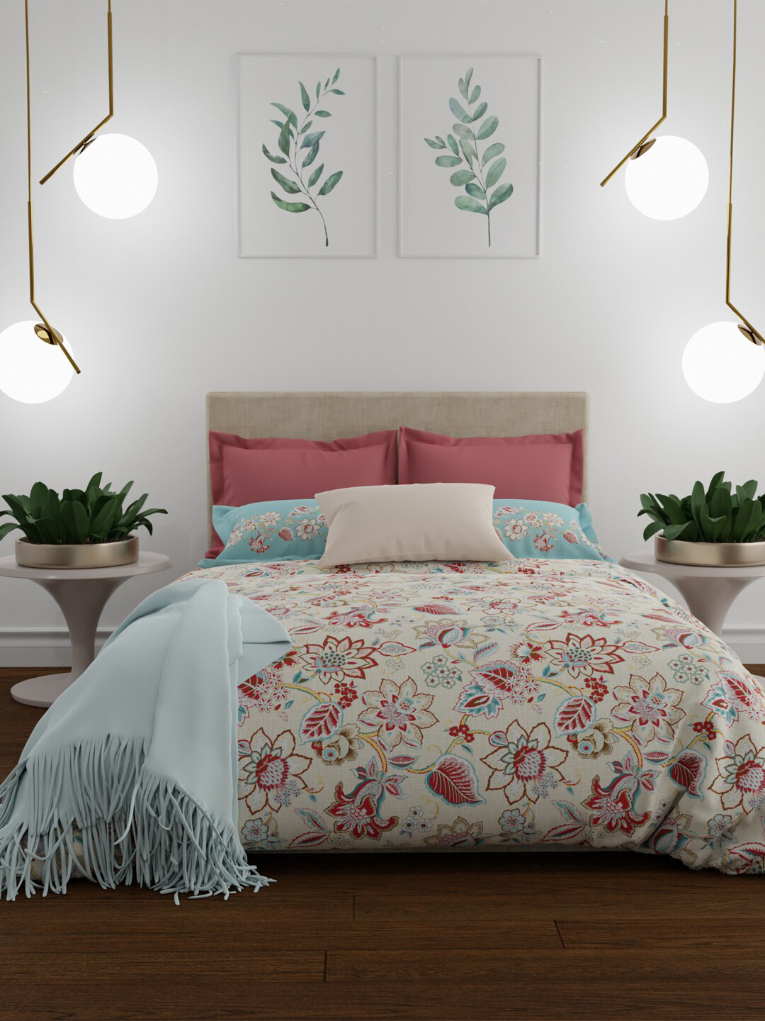 

MYTRIDENT Beige Red Floral 144 TC Double Queen Bedsheet with 2 Pillow Covers