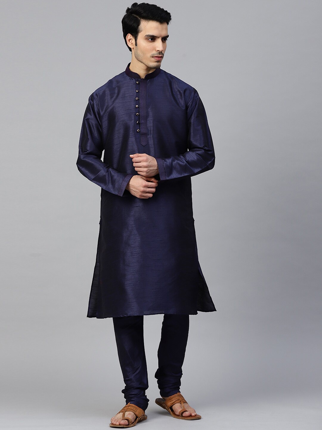 

MANQ Men Navy Blue Panelled Kurta with Churidar
