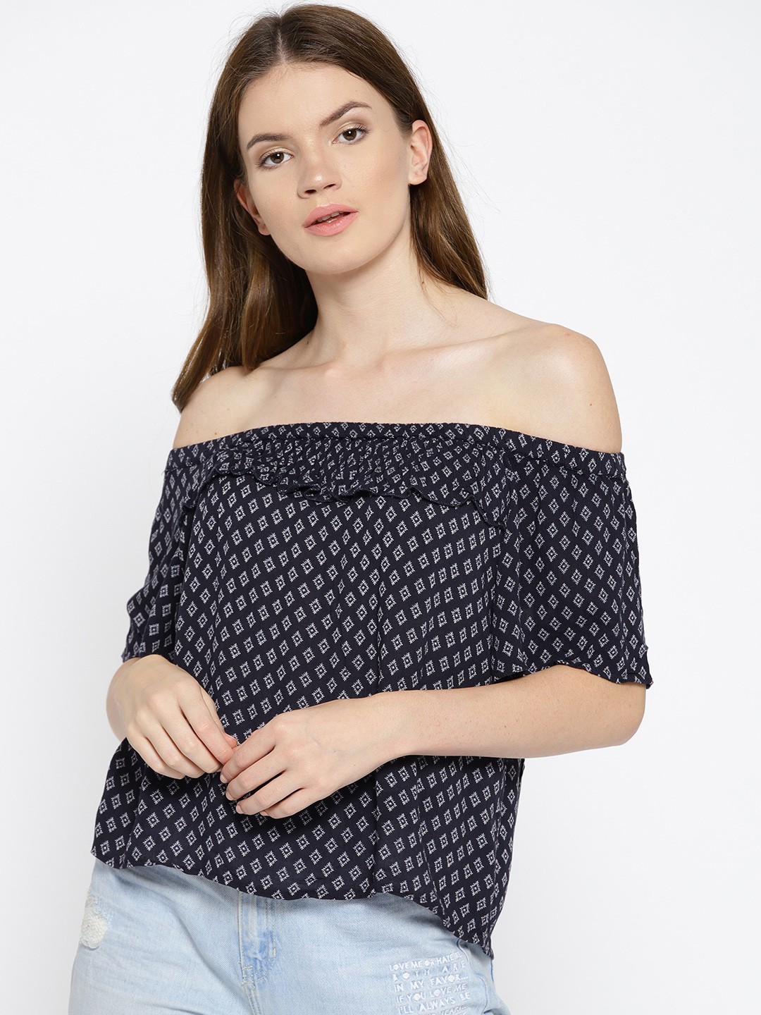 

ONLY Women Navy Printed Bardot Top, Navy blue