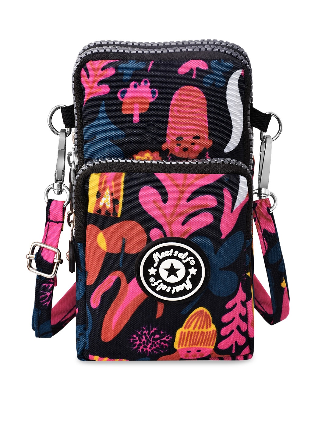 

Diva Dale Black & Pink Floral Phone Holder Multi-Pockets Sling Bag