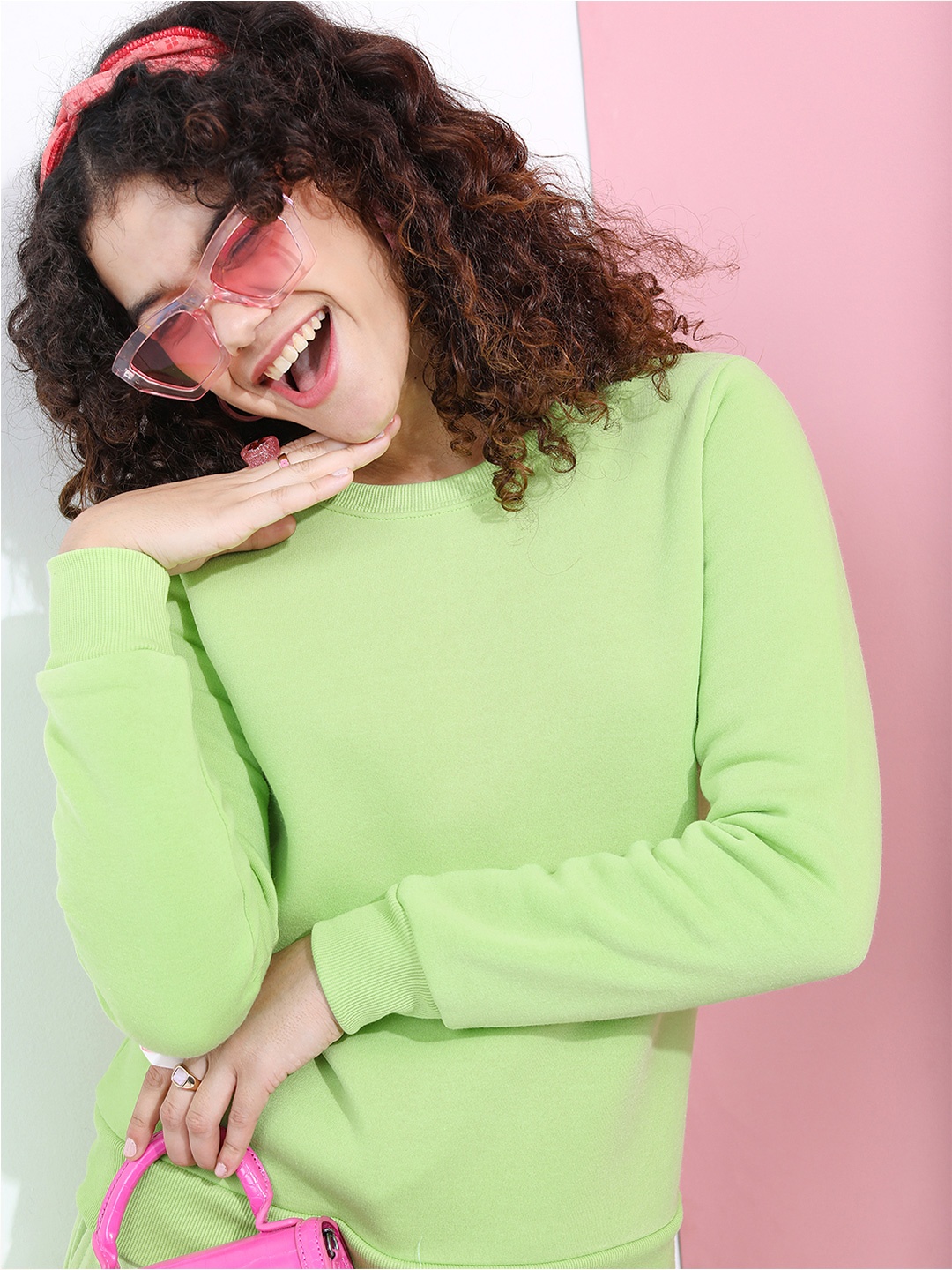 

Basics By Tokyo Talkies Women Lime Green Solid Sweatshirt