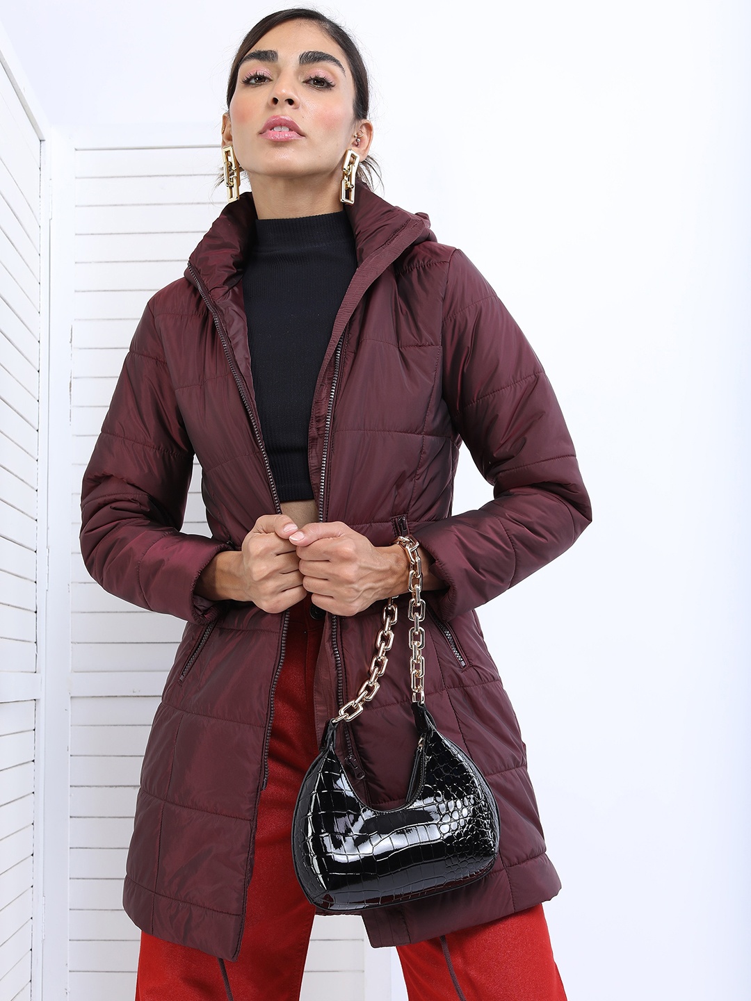 

Tokyo Talkies Women Burgundy Solid Nylon Hooded Longline Padded Jacket