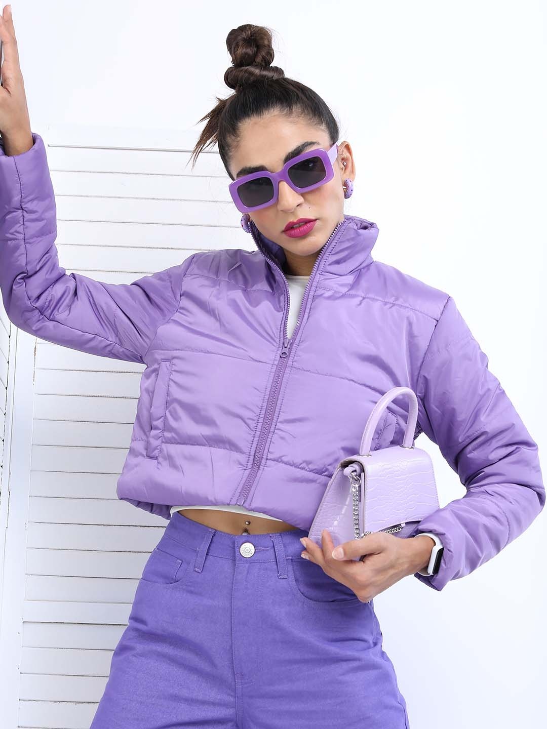

Tokyo Talkies Women Purple Solid Polyester Crop Puffer Jacket