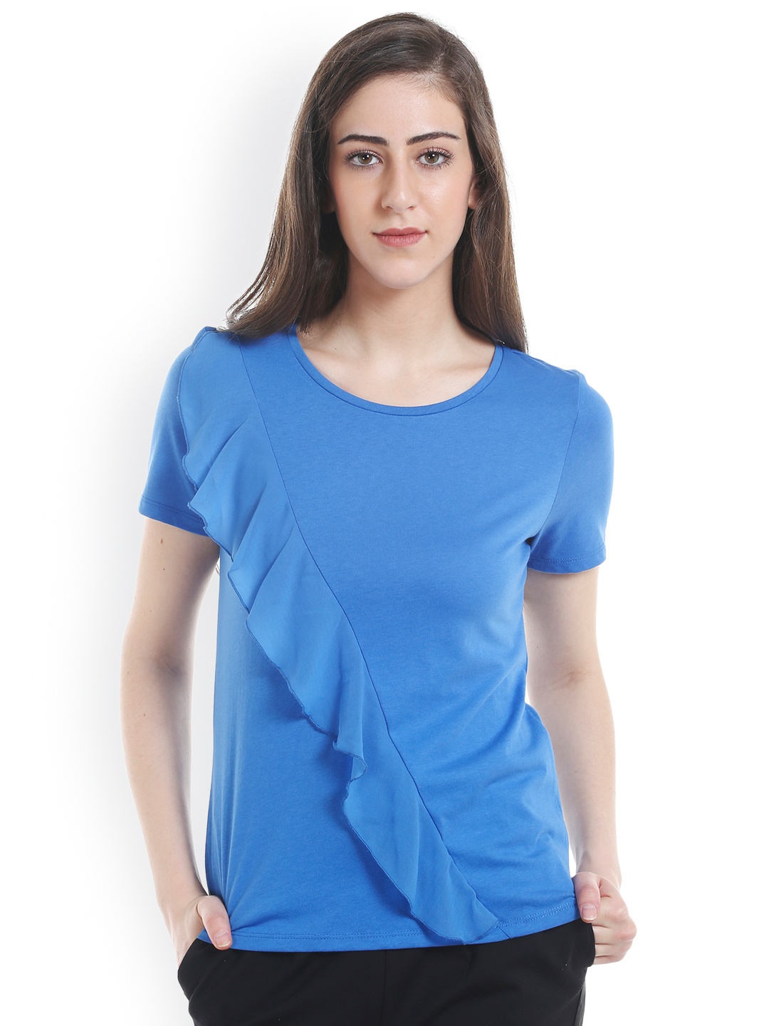 

ONLY Women Blue Solid Ruffled Top