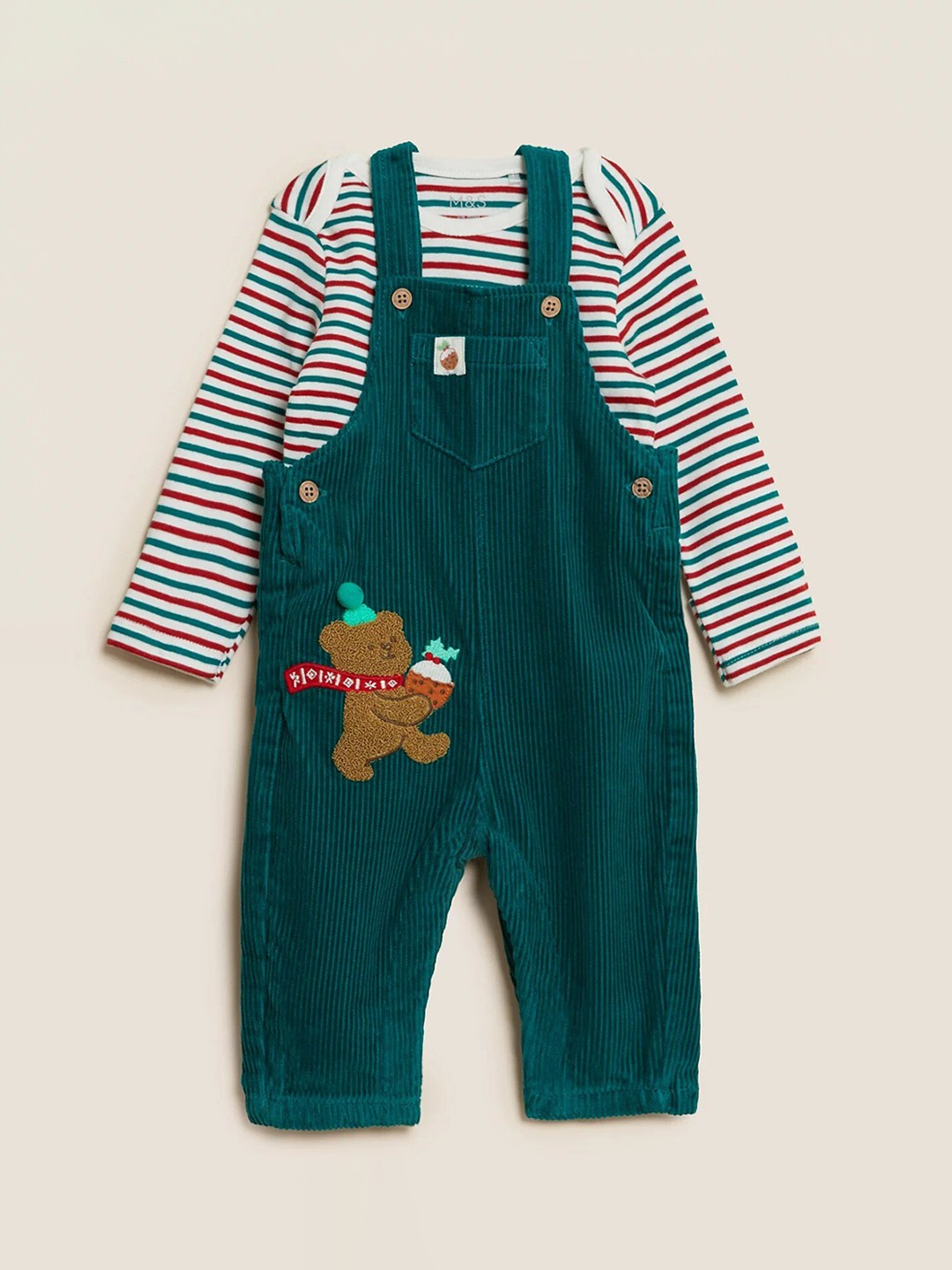 

Marks & Spencer Boys Green & White Striped Pure Cotton T-shirt with Dungaree