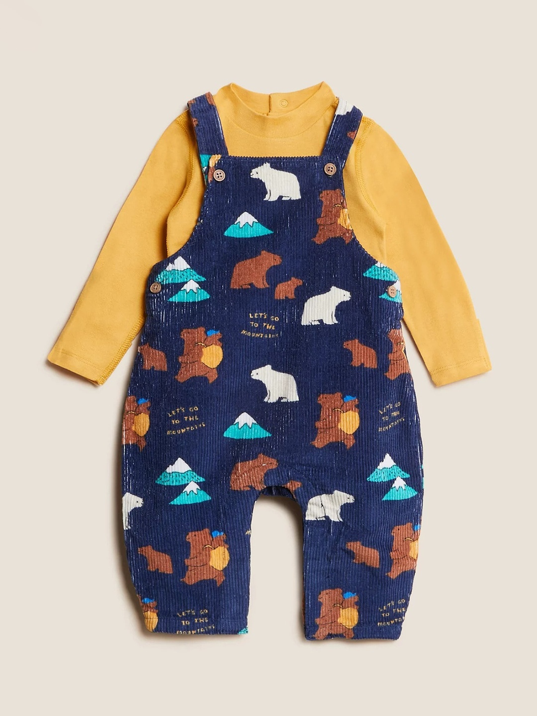 

Marks & Spencer Boys Blue & Yellow Printed Pure Cotton T-shirt with Dungaree
