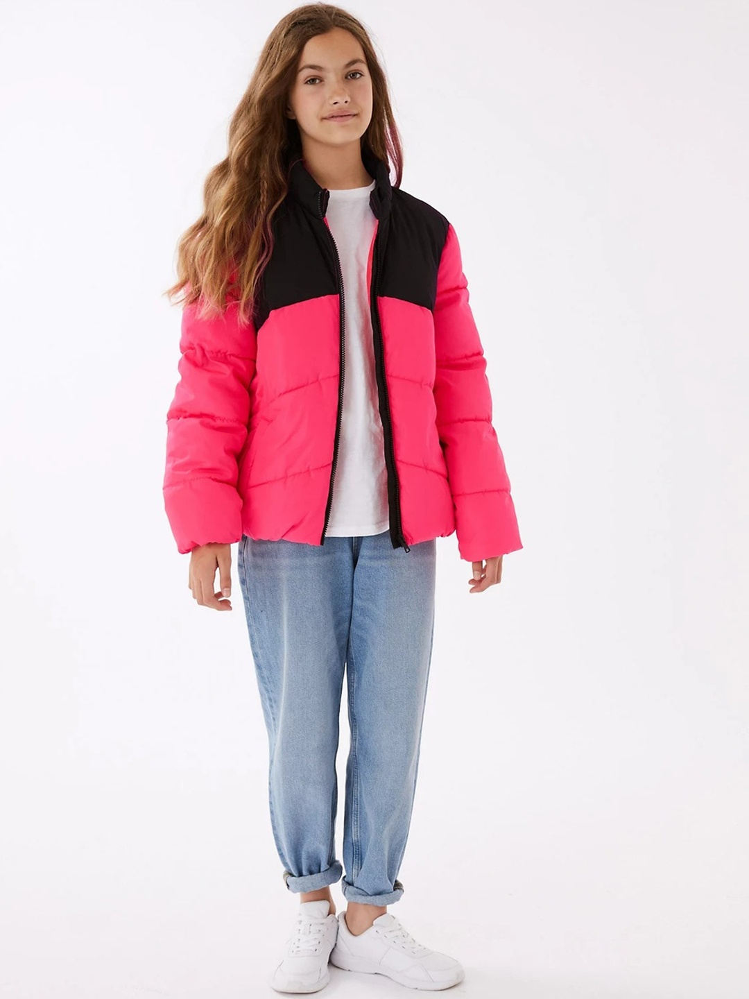 

Marks & Spencer Girls Pink & Black Colourblocked Lightweight Puffer Jacket