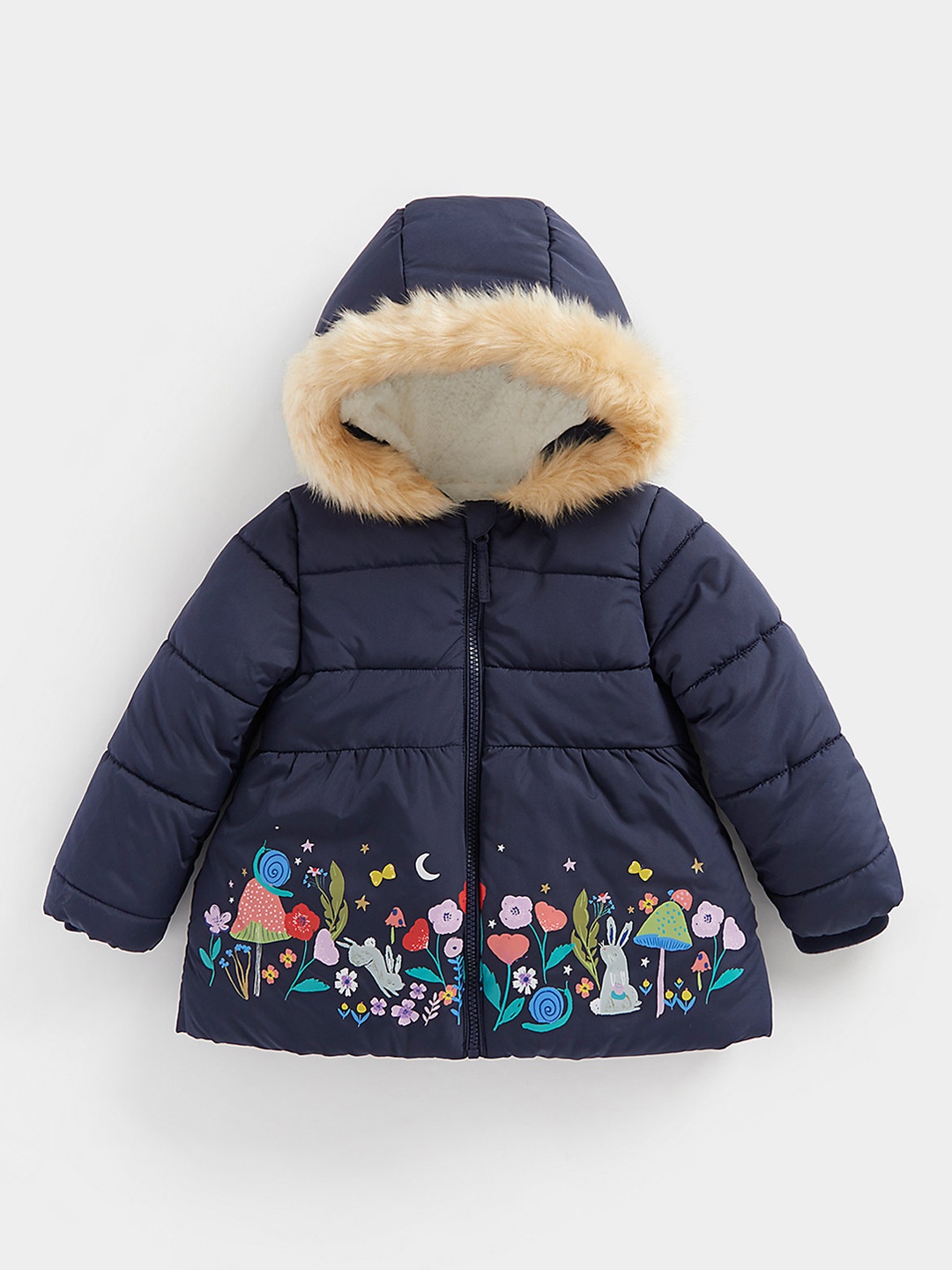 

mothercare Girls Graphic Print Faux Fur Lined Hooded Padded Jacket, Navy blue