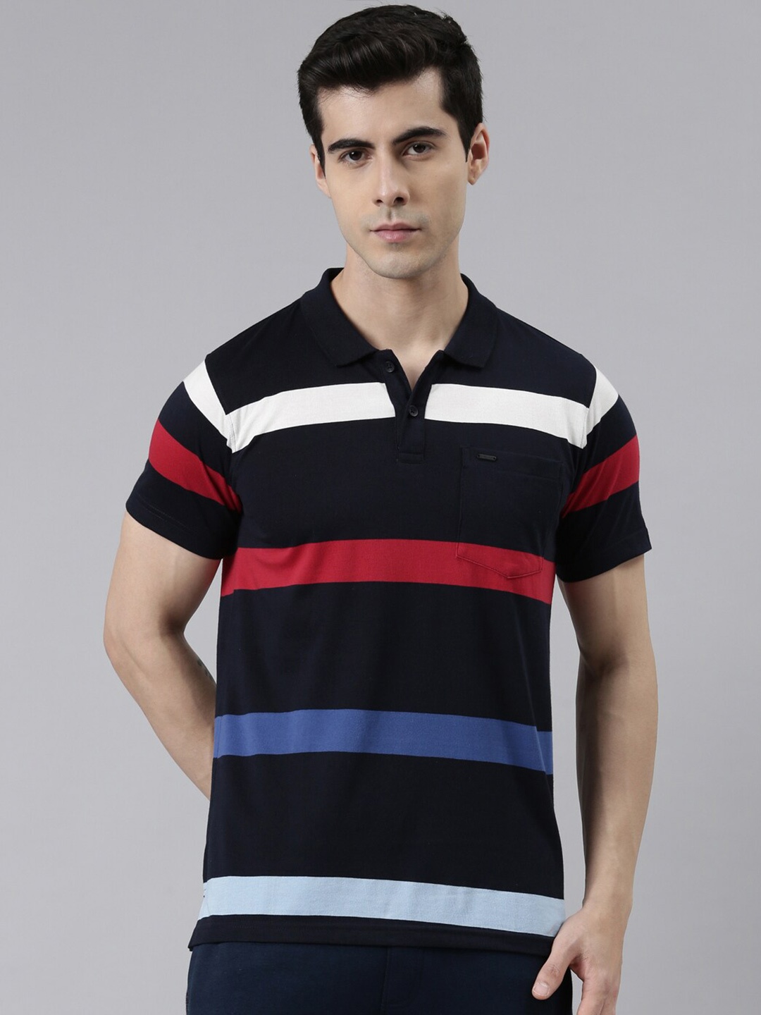 

Proline Active Men Navy Blue & White Cotton Striped Polo Collar Everfresh T-shirt