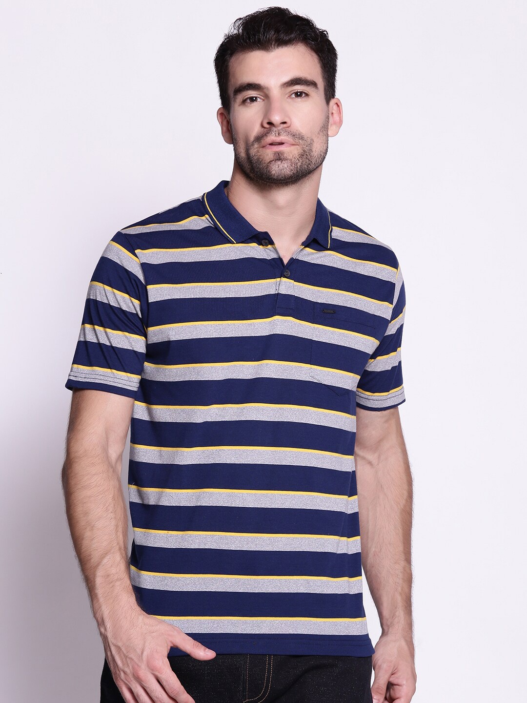 

Proline Active Men Blue & Grey Cotton Striped Polo Collar Everfresh T-shirt