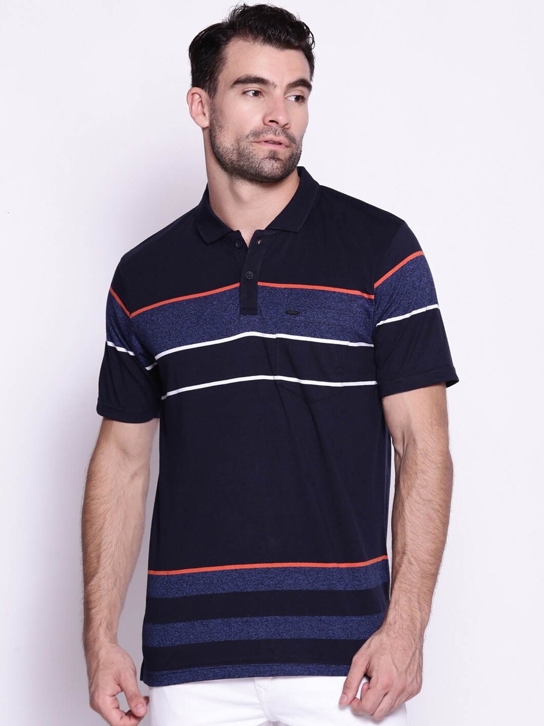 

Proline Active Men Navy Blue & White Cotton Striped Polo Collar Everfresh T-shirt