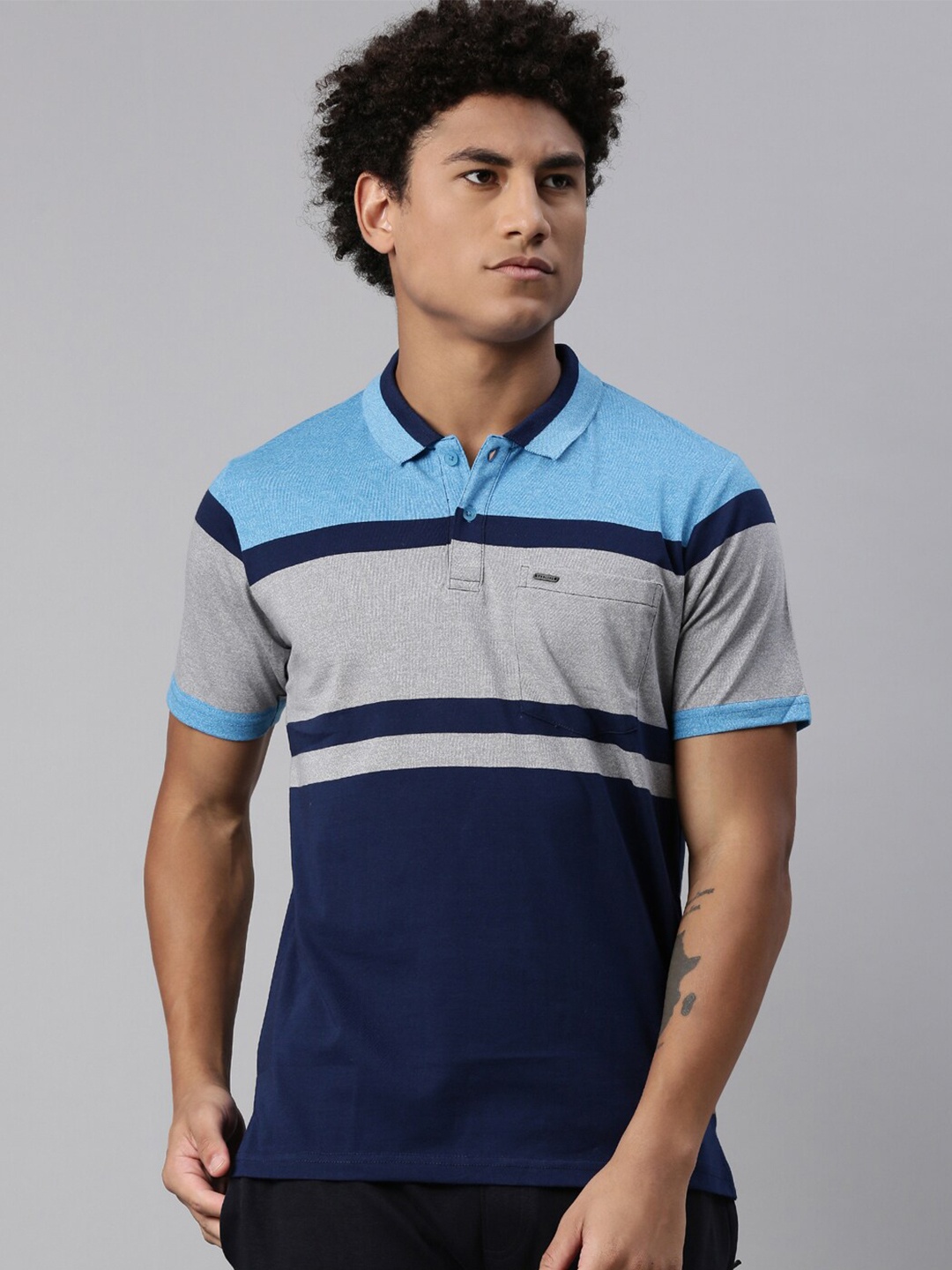 

Proline Active Men Blue & Grey Cotton Colourblocked Polo Collar Everfresh T-shirt