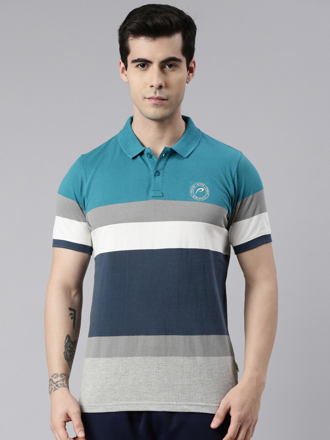 

Proline Active Men Blue & White Cotton Colourblocked Polo Collar Everfresh T-shirt