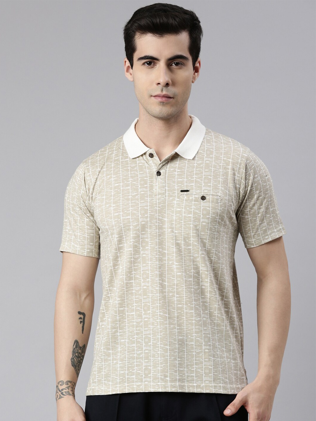 

Proline Active Men Beige Cotton Striped Polo Collar Everfresh T-shirt
