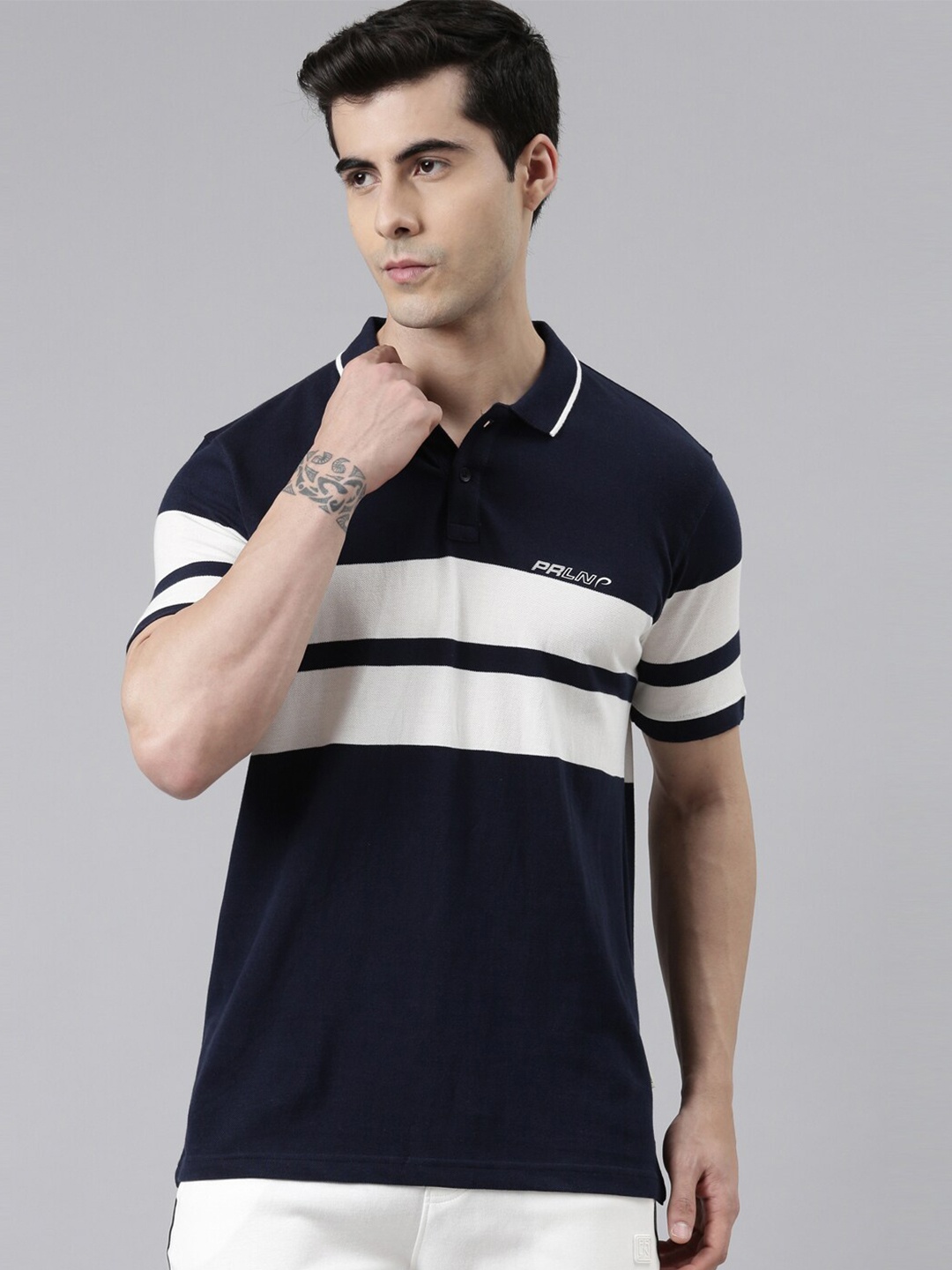 

Proline Active Men Blue Striped Polo Collar Everfresh Applique T-shirt