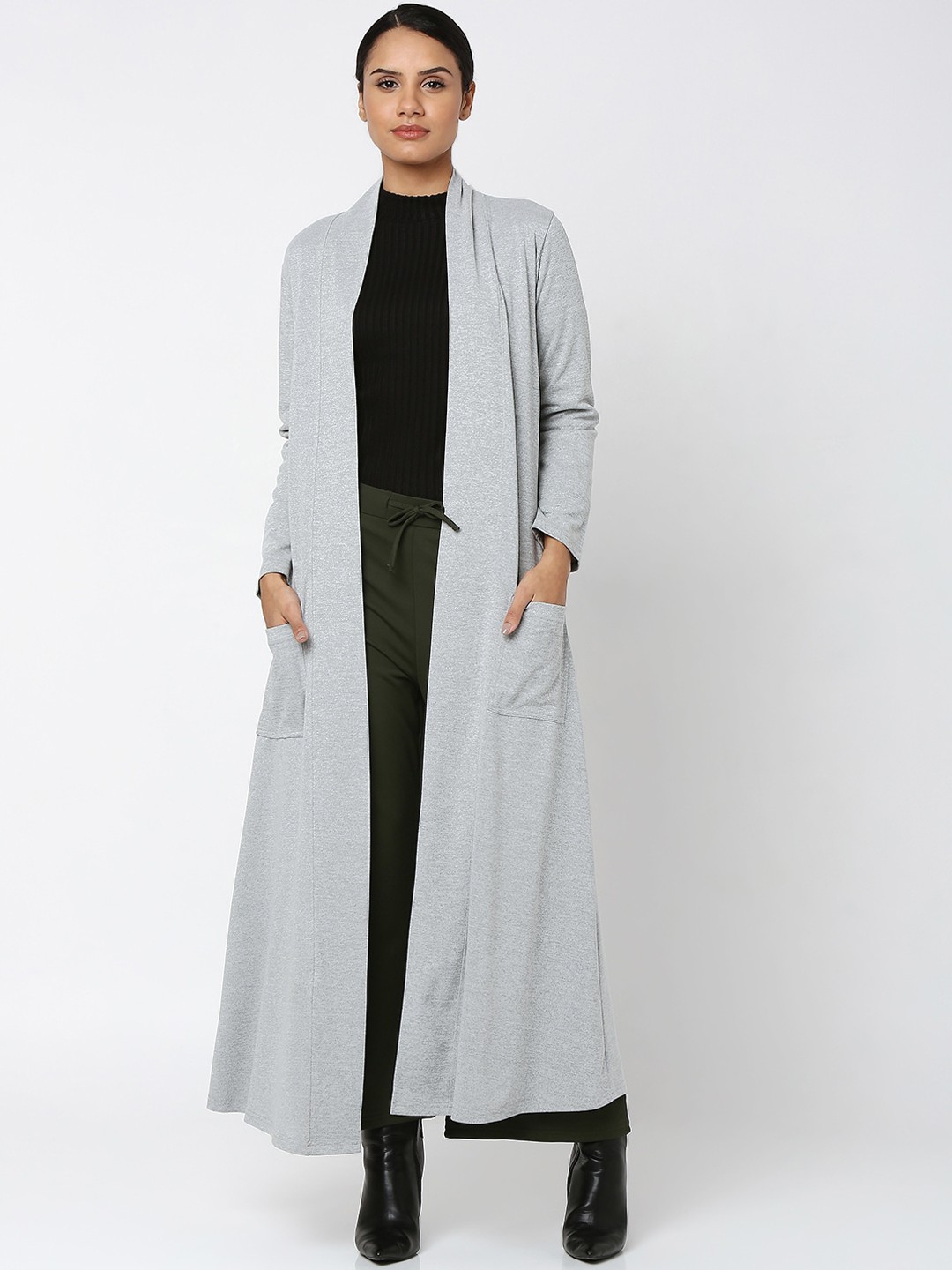 

Smarty Pants Women Grey Solid Water Resistant Cotton Longline Open Front Jacket