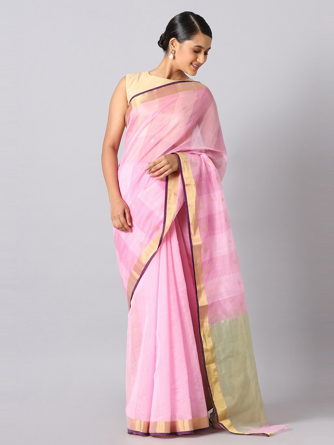 

Taneira Pink And Gold Toned Woven Design Zari Chanderi Saree