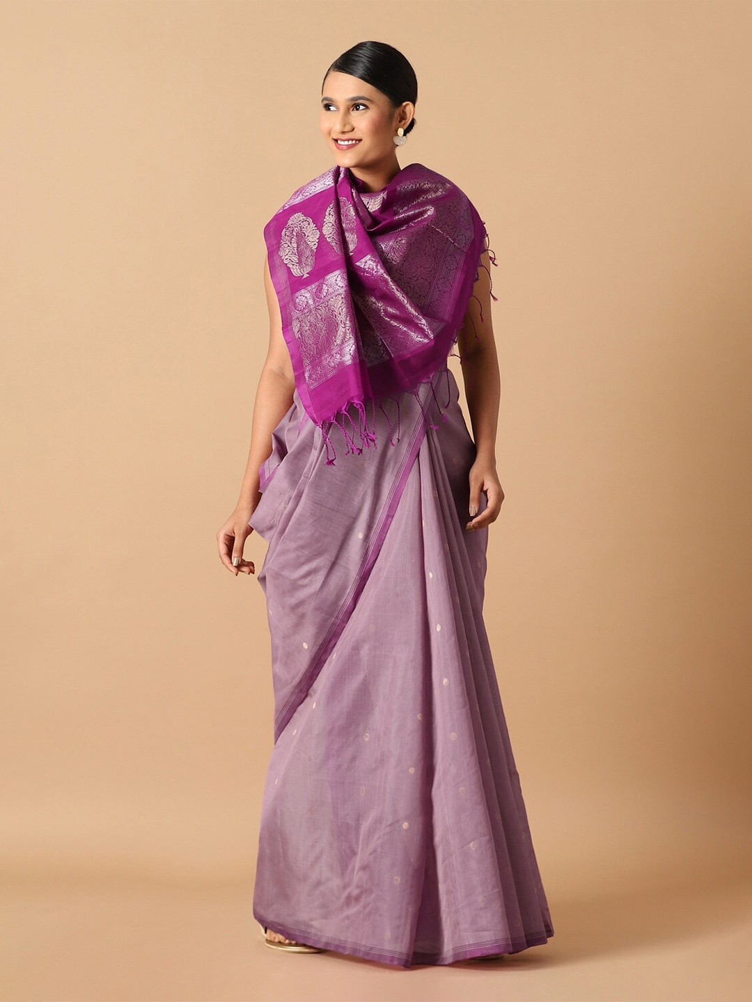 

Taneira Light Violet & Silver Toned Woven Design Saree