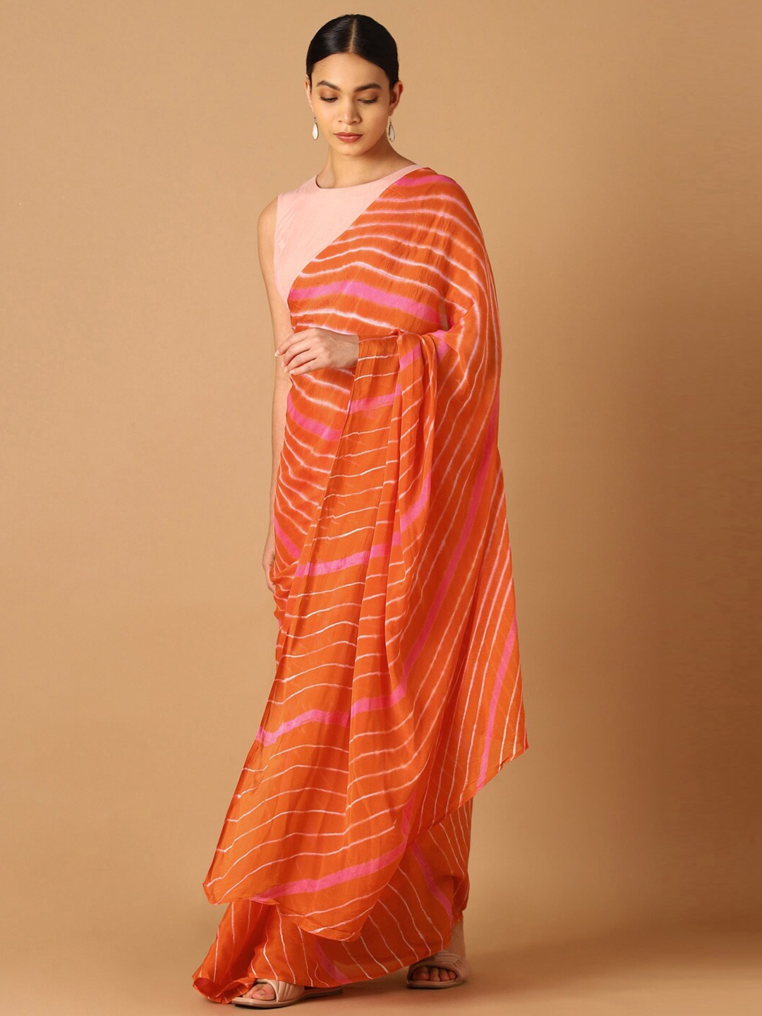 

Taneira Orange And Pink Leheriya Pure Chiffon Saree