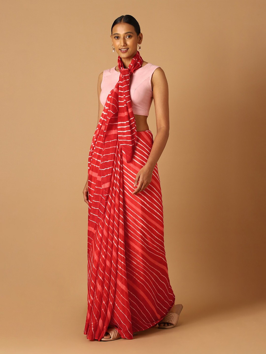 

Taneira Red & Off White Leheriya Pure Chiffon Saree