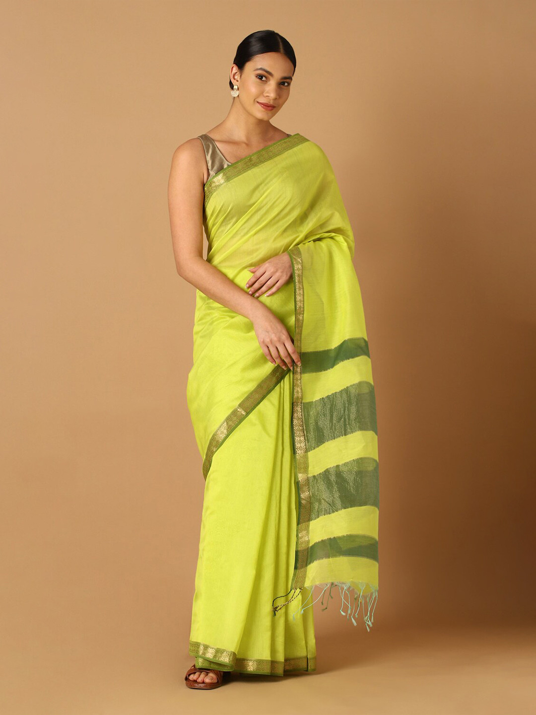 

Taneira Yellow & Gold-Toned Zari Silk Cotton Maheshwari Saree