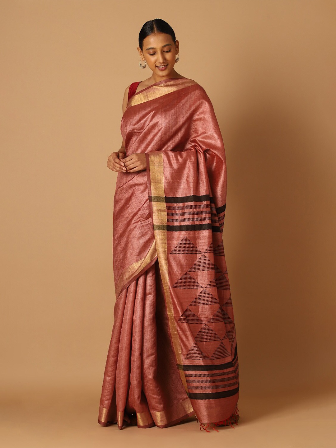 

Taneira Pink & Black Zari Pure Silk Bhagalpuri Saree