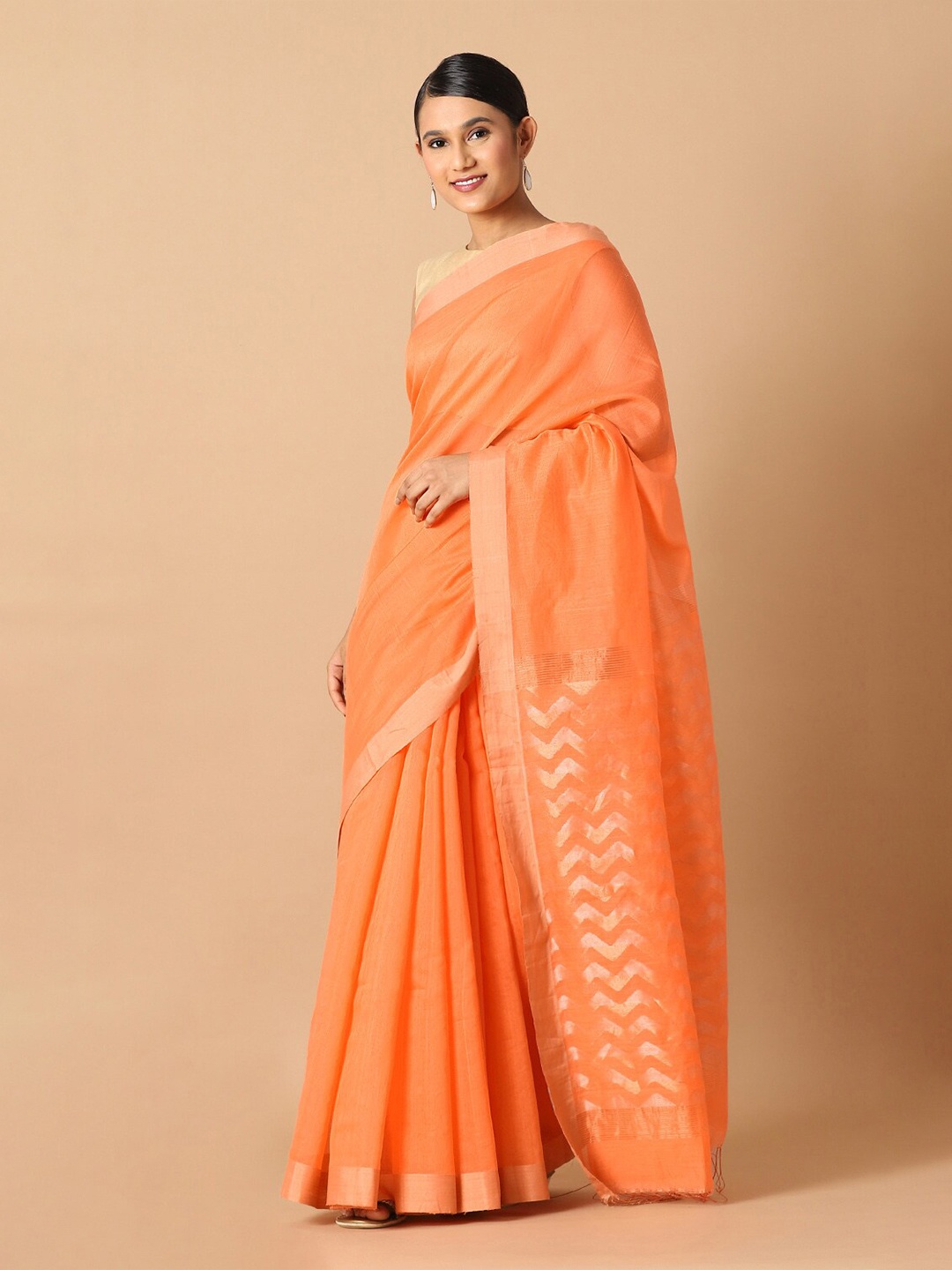 

Taneira Orange & Gold-Toned Zari Silk Cotton Saree