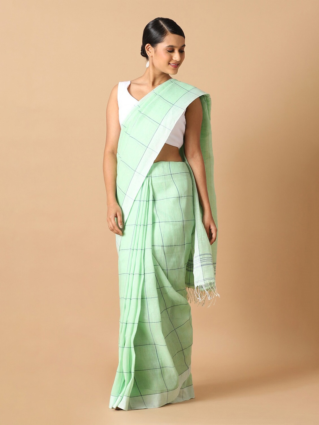 

Taneira Green & Grey Checked Linen Blend Saree