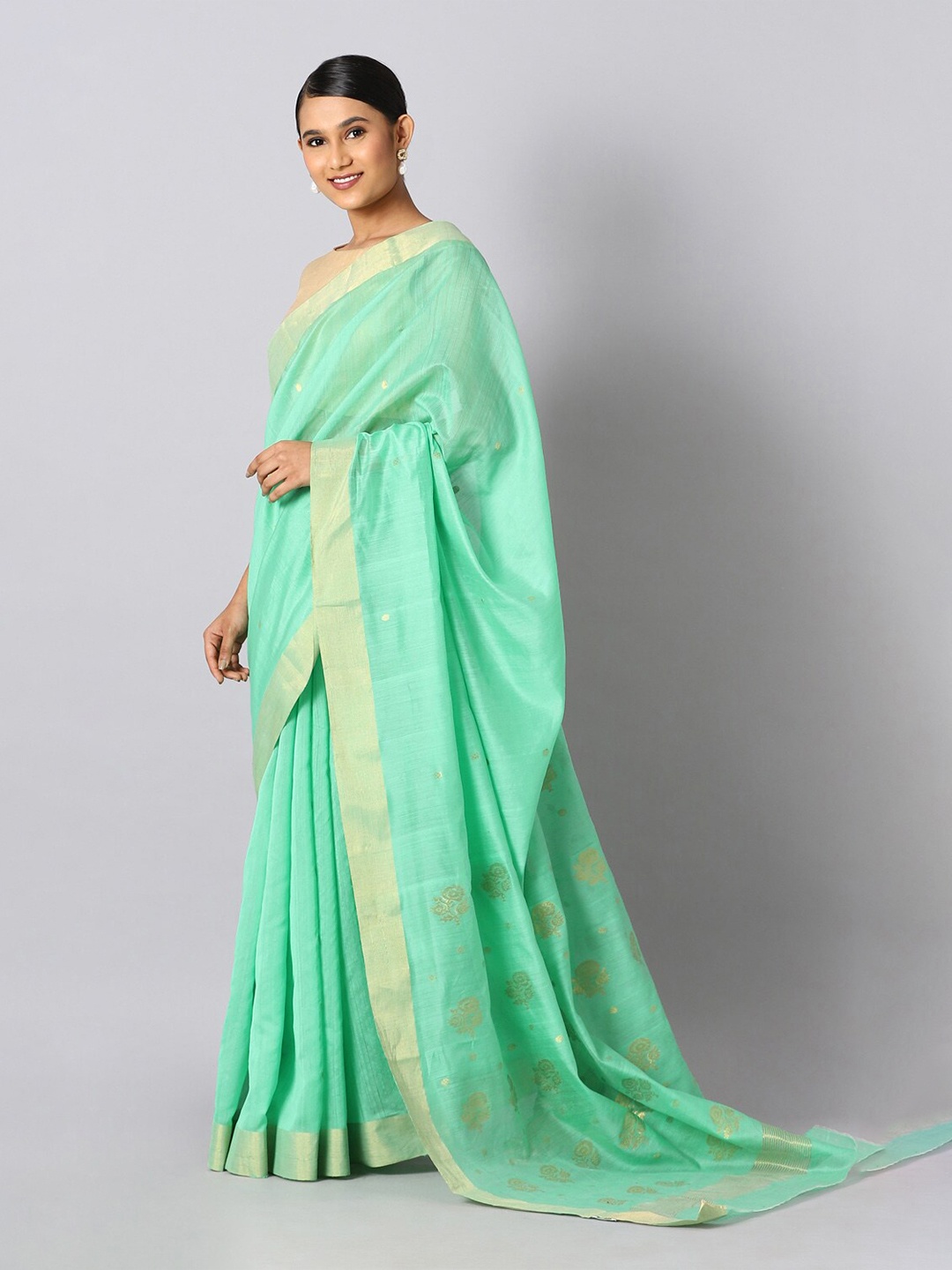 

Taneira Green & Gold-Toned Ethnic Motifs Zari Silk Cotton Chanderi Saree