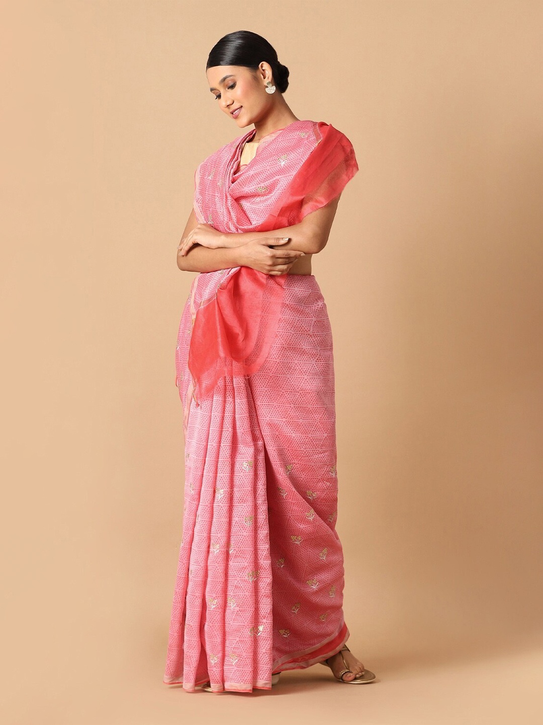 

Taneira Pink & Gold-Toned Floral Zari Silk Cotton Saree