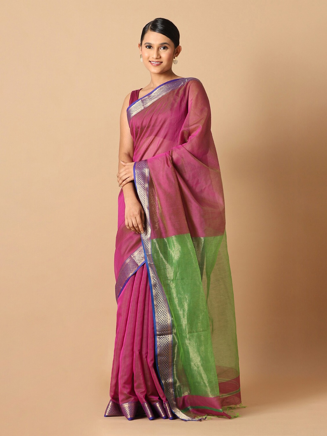

Taneira Pink & Green Zari Silk Cotton Maheshwari Saree
