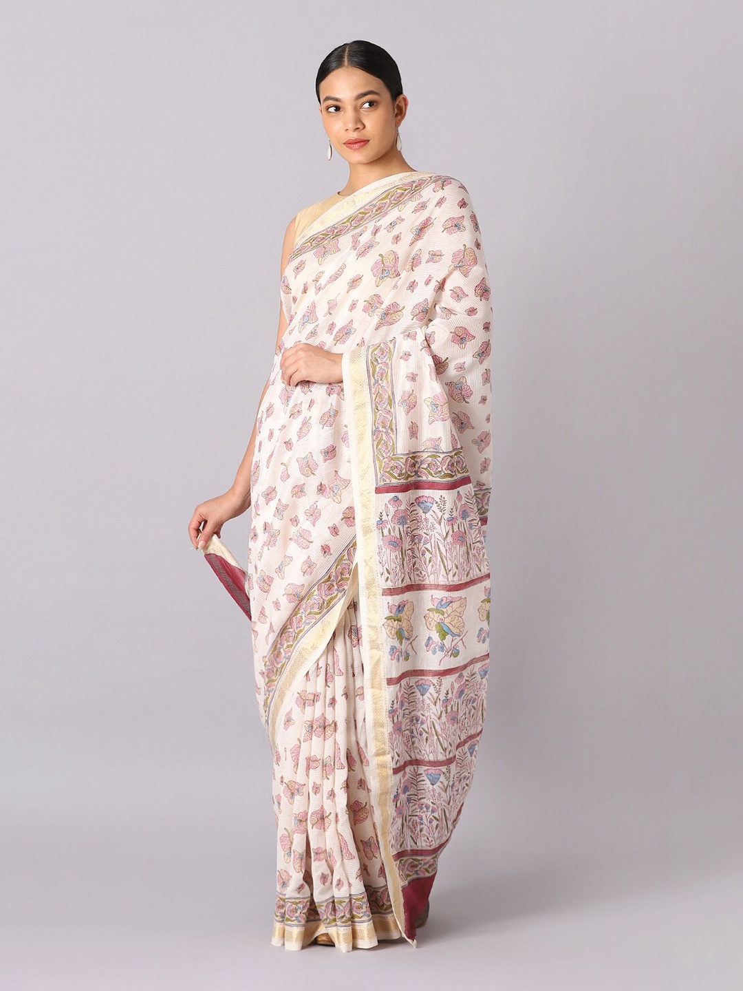 

Taneira Off White & Gold-Toned Floral Zari Silk Cotton Saree