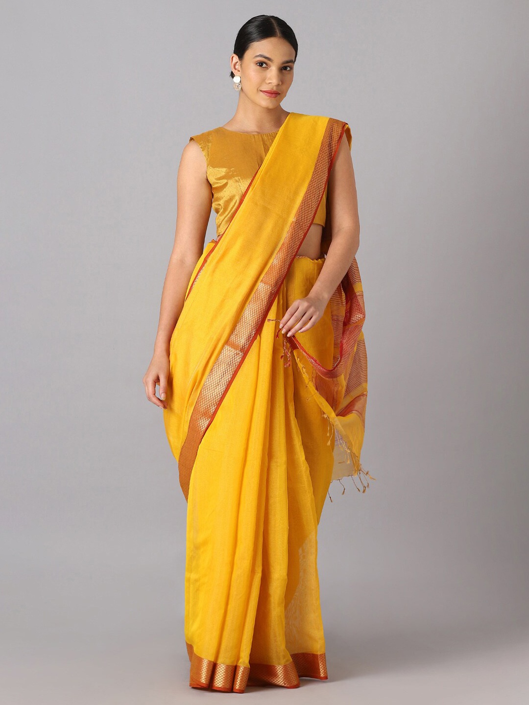 

Taneira Yellow & Gold-Toned Zari Tissue Maheshwari Saree