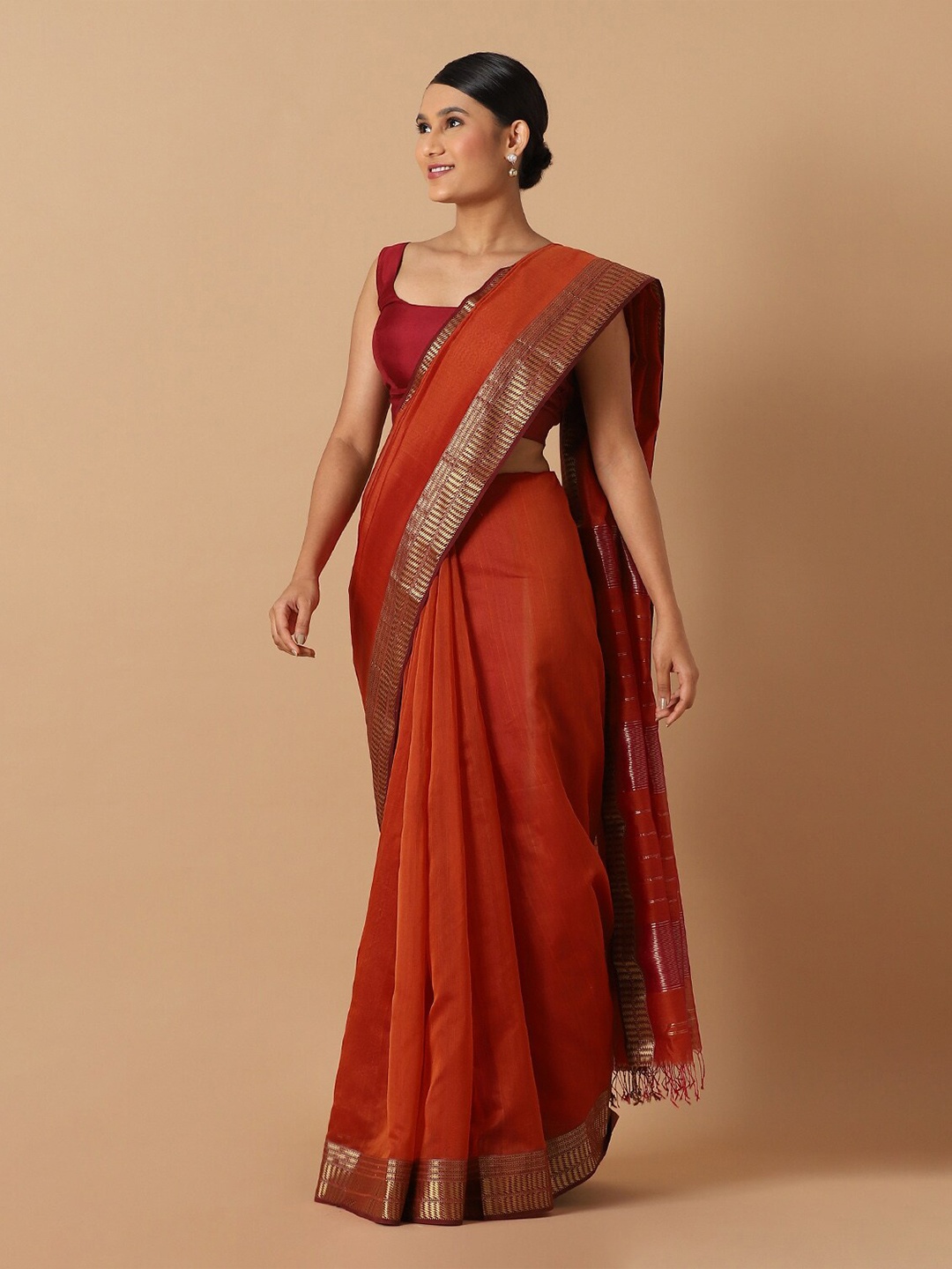 

Taneira Orange & Gold-Toned Zari Silk Cotton Maheshwari Saree